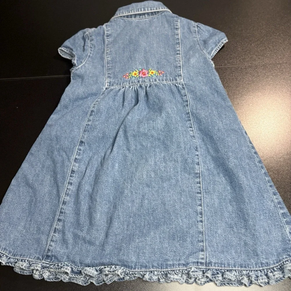 vintage OshKosh B'gosh denim dress embroidered flowers ruffled‎ hem Size 6 RARE